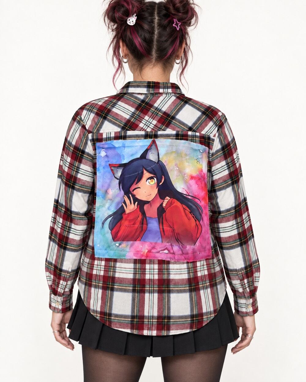 Upcycled Bleached Panache Plaid Shirt Women’s Medium Anime Cat Girl Graphic